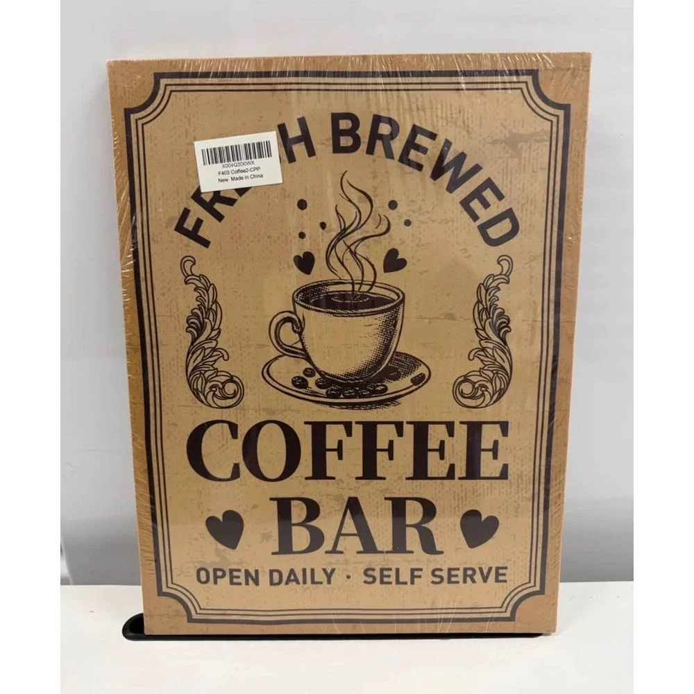 Fresh Brewed Coffee Bar Canvas Wall Art Vintage Style Kitchen Sign 12x16